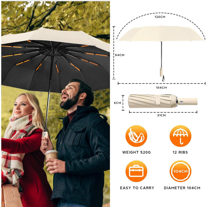 Складаний туристичний парасолька, вітростійка, автоматичне відкриття/закриття, 24 посилені ребра з фібергласу, захист від УФ-променів, легка та портативна, для дощу та сонячної погоди, білий колір