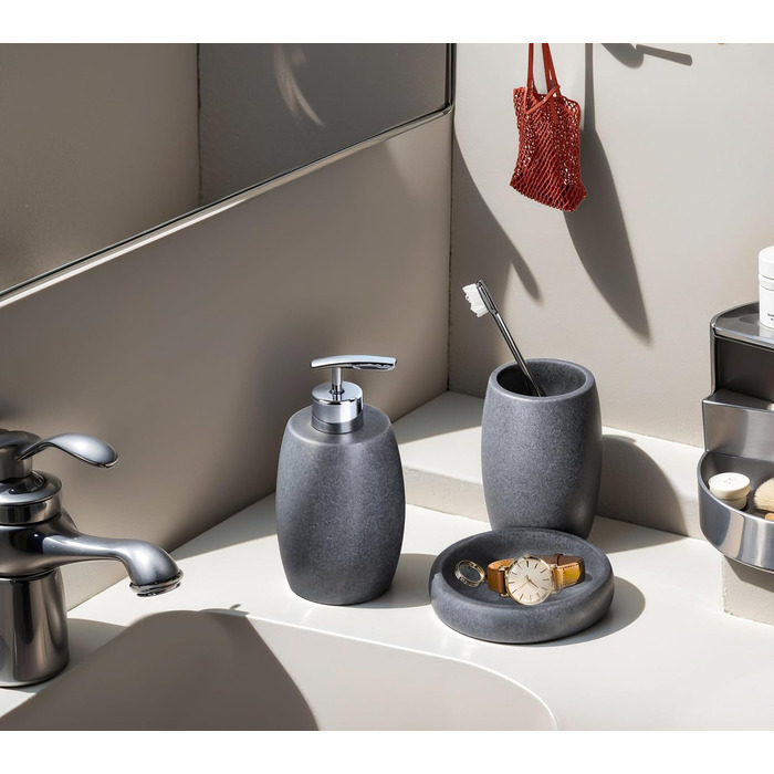 Набір аксесуарів для ванної кімнати Clasin Home (3 предмети), сірий пісковик: дозатор для мила, стакан для зубних щіток та мильниця