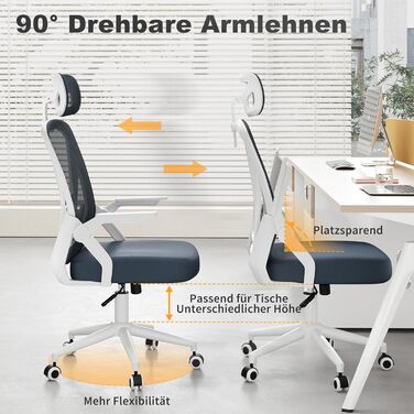 Офісний стіл Naspiro, ергономічне крісло з сітчастою спинкою, підтримка попереку, м'яке сидіння, регульована висота, для дому та офісу, сірий (темно-сірий, з підголовником)