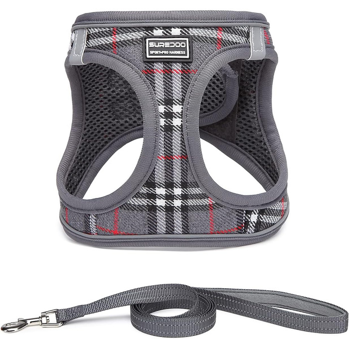 Шлейка для собак Suredoo, маленькі та середні породи, анти-тяга, світловідбиваюча, дихаюча, для цуценят (M, 34-39см; XL, 46-53см, 8-10.5кг), сіра в клітинку