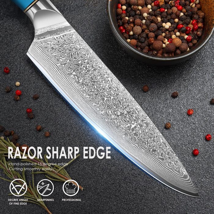 Ніж шеф-кухар Kiritsuke з дамаської сталі Home Safety, 18.8 см, VG-10, ергономічна ручка з натуральної смоли, подарункова коробка