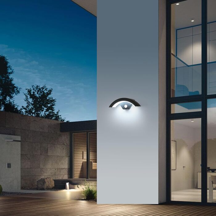 Зовнішня вулична LED-стіна Comely 24W з датчиком руху, IP65, алюміній, тепле світло 3000K, для саду, тераси, сходи, чорний (2 шт.)