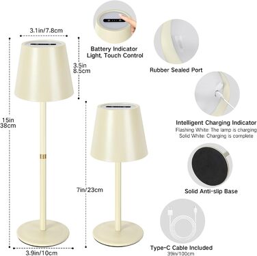 LED-лампа настільна бездротова OUTON, 2 шт. - сенсорне керування, 3 режими, USB-C зарядка, IP54, 30 годин, для дому/саду, чорний/бежевий