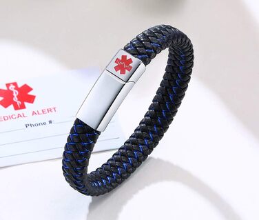 Мужской браслет-медический идентификатор PJ JEWELLERY из натуральной кожи с гравировкой и стальным магнитно-застежкой (черный/серебряный, АСТМА)
