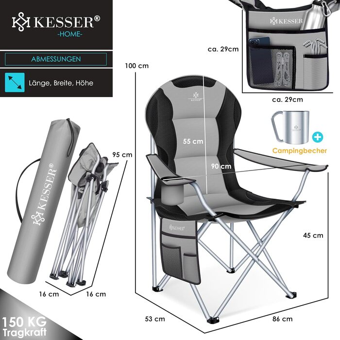 Крісло кемпінгове складне KESSER® до 150 кг, з підлокітниками, високою спинкою, сіре/чорне. З підсклянником та сумкою
