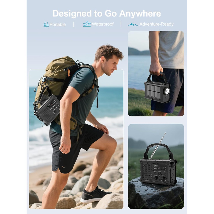Радіо на сонячній енергії ROCAM 12000mAh з ручним генератором, AM/FM, LED ліхтарик, USB, SOS, IPX6, для кемпінгу та надзвичайних ситуацій (Чорний)