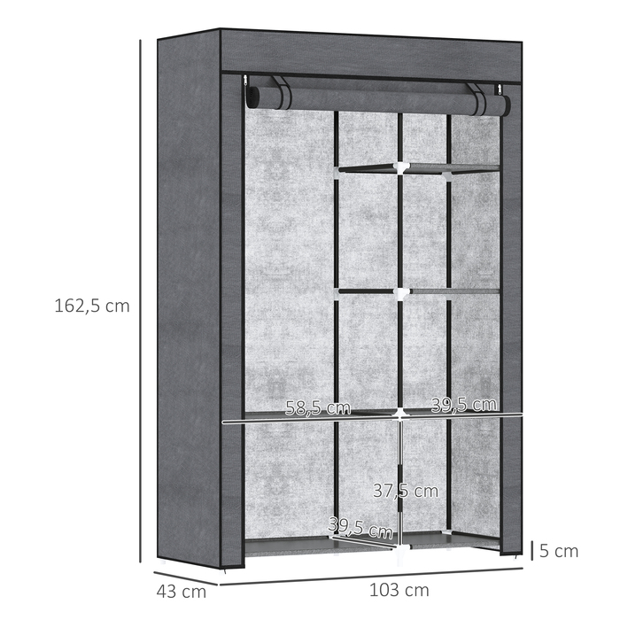 HOMCOM Clothes Closet Fabric Wardrobe with Clothes Rail, 6 Compartments, Foldable Wardrobe in Felt-like Fabric, Folding Closet for Bedroom, Hallway, Dark Grey, 103 x 43 x 162.5 cm | Aosom