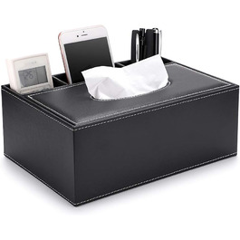 BSTKEY PU Leather Household Office Rectangular Tissue Box with Remote Storage Box - Elegant and stylish tissue holder for home desk storage box, Black