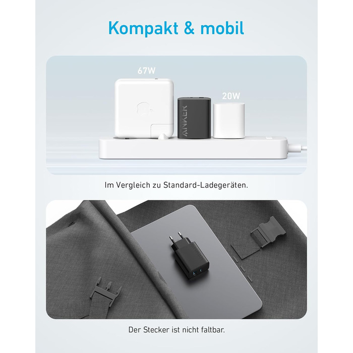 Зарядний пристрій Anker 20W USB-C, адаптер живлення для iPad, швидка зарядка, сумісний з iPhone 17/16/15, кабель USB-C (150см), чорний