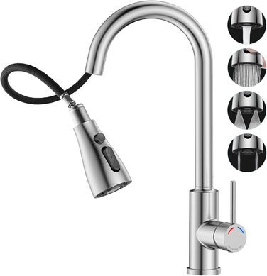 Змішувач для кухні SREWOHS PRO 4 з висувною лійкою, 4 режими розпилення, високий тиск, нержавіюча сталь, 360° обертання, високий вилив, однорідний змішувач, кухонний змішувач з одним отвором (нікель)