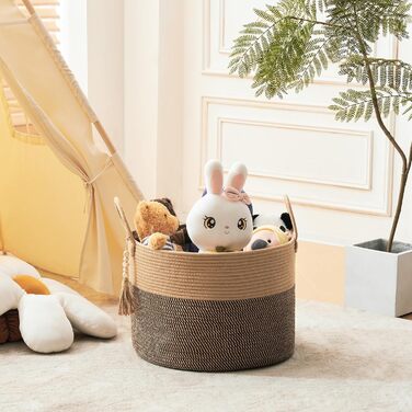 YOUDENOVA Woven Laundry Basket Large 65L Basket Storage Basket Blanket Toy Basket for Living Room Children's Room Storage Basket Laundry Collector 50x33 (Jute & Black, 50cm(D) x 33cm(H))