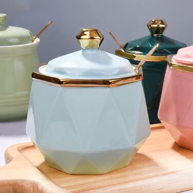 Sugar bowl with lid and spoon, ceramic sugar bowl, multifunctional sugar container, spice container, salt shaker, spice bowls, sugar bowl for kitchen, storage, organization, 280 ml (blue)