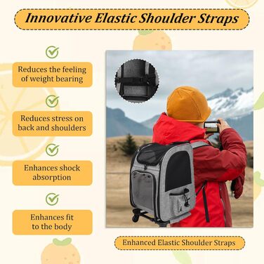 Транспортна переноска для котів та собак на колесах, 360° обертання, з кишенями, вантажний візок-рюкзак, портативна та дихаюча, для маленьких собак та середніх котів до 15 кг