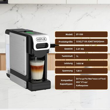 Кавомашина KOTLIE ST-550 Multi-Kapsel: 4-в-1 для Nes Original, Dolce Gusto, MIO та меленої кави, 19 Bar, 19 Bar, 7 рівнів об'єму води