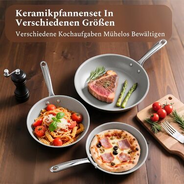 Набір сковорідок Koch Kode з керамічним покриттям 20/24/28 см, з нержавіючою ручкою, для індукційних плит, без PTFE та PFOA, придатні для миття в посудомийній машині та випікання, бежевий