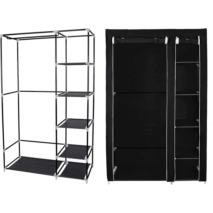 SONGMICS Fabric Wardrobe, XL, Clothes Closet, Folding Wardrobe, Camping Closet with Clothes Rail, 110 x 175 x 45 cm, Black, LSF007