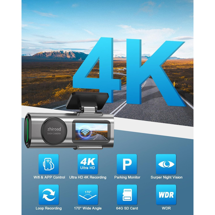 Відеореєстратор 4K WiFi з App-керуванням, 64GB SD-карта, кріплення, IPS 1.47', 170° кут огляду, Нічне бачення, WDR, G-сенсор, циклічна запис, 24/7 паркувальний режим