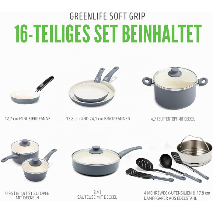 Набір антипригарного посуду GreenLife з керамічним покриттям, 16 предметів, без PFAS, кварцово-сірий