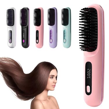 Бездротова щітка-випрямляч для волосся 2-в-1 з накручуванням, LED дисплеєм та 3 температурними режимами (160°C-200°C), рожева