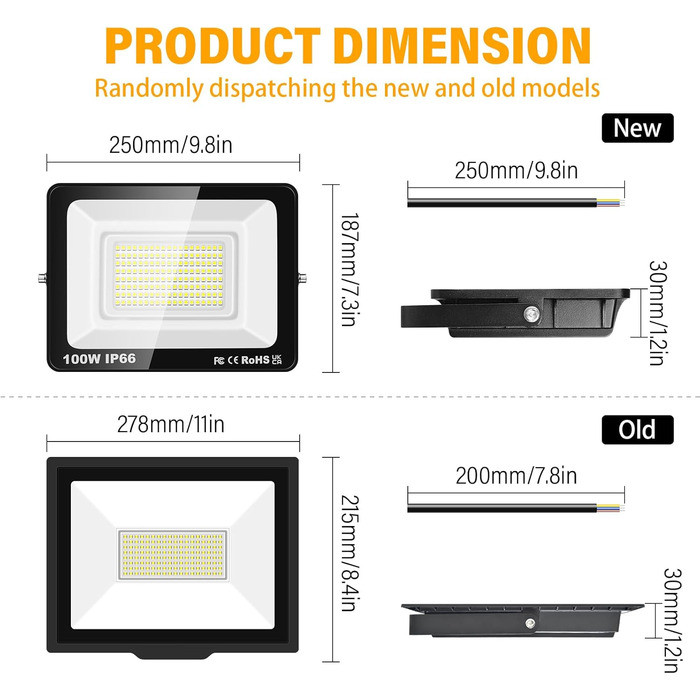 RIGIDON 2x 75W LED Floodlights Outdoor, 7500LM Outdoor Floodlight, 6000K Cool White IP66 Waterproof LED Floodlight, Outdoor Lamp for Garden, Courtyards, Garage, Hotel, Sports Field, Workshop (1 x 100W)