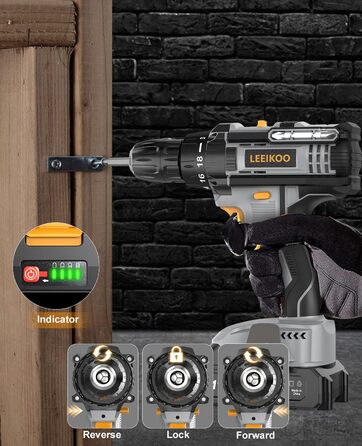 Акумуляторний шуруповерт LEEIKOO 21V з акумулятором 2.0Ah, 42N.m, 10мм патрон, 2 швидкості, 18+1 момент, LED, 20шт набору, сірий