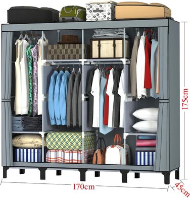 LOEFME Wardrobe 170 * 175 * 45cm, Fabric Wardrobe for Bedroom, Fabric Clothes Closet, Fabric Wardrobe with 2 Hanging Rails