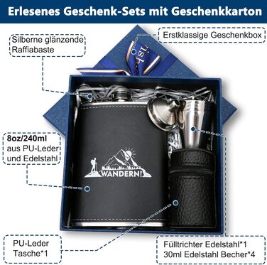 Термос-фляга LILABIENE з гравіюванням для туризму та походів у гори. Набір з чашкою, нержавіюча сталь, шкіра, чорний колір. Ідеально для чоловіків, на День батька, на День народження, на Миколая, на Різдво. Об'єм 8oz/240ml
