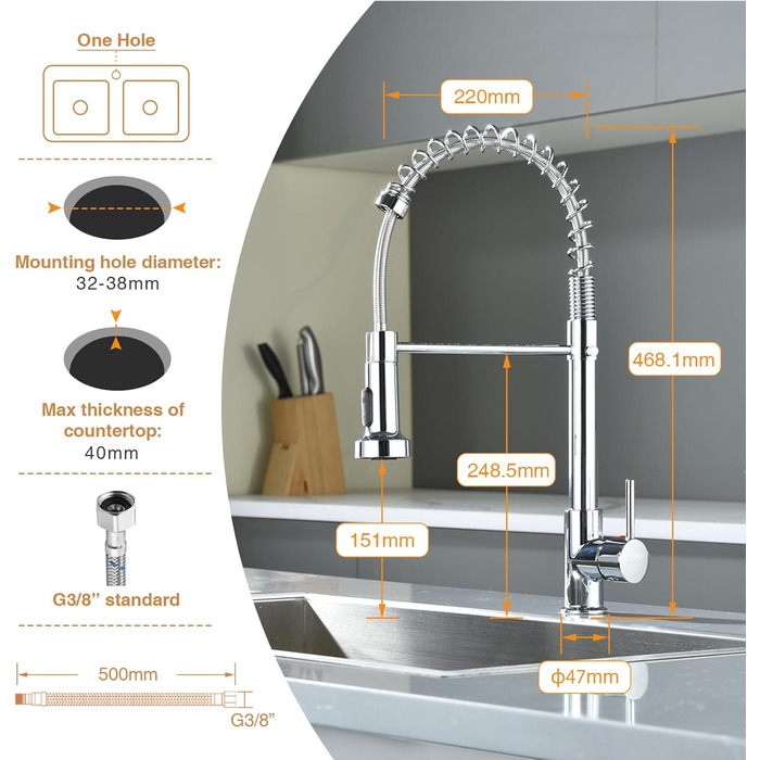Змішувач кухонний з висувною лійкою, 360° поворот, 2 режими, нержавіюча сталь, хром