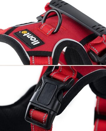 Нашийник для собак Lionto з м'якого нейлону, світловідбиваючий, анти-тяга, з 2 кільцями та 4 ремінцями, двома застібками-кліпсами та гумовим ручним тримачем (S, Червоний)