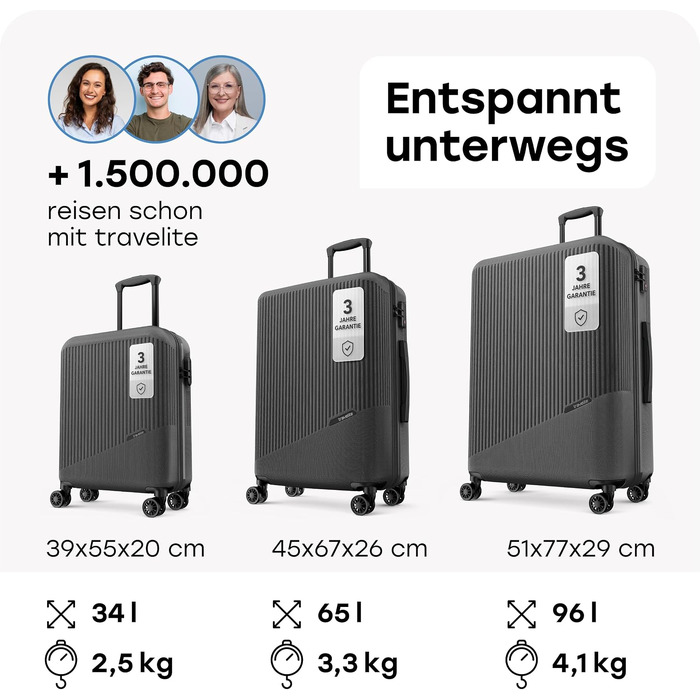 Набір валіз Travelite Bali, 3 предмети (L/M/S), жорстка оболонка ABS, антрацит, дорожній набір чемоданів