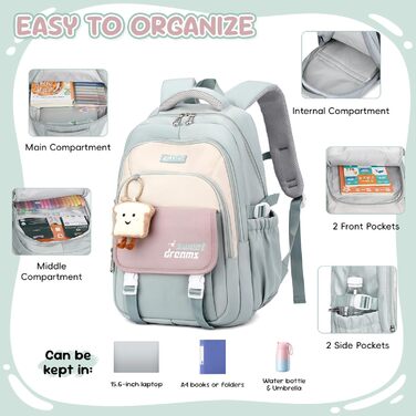 Шкільний рюкзак для дівчинки, комплект: рюкзак, сумка через плече, 36л, 3-7 клас, з брелоками (зелений)