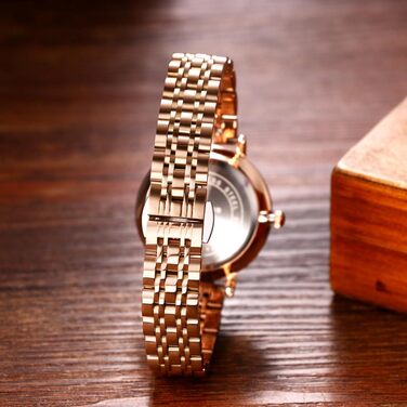 Жіночий годинник JewelryWe Rosegold: аналоговий кварцовий годинник зі сталевим браслетом, водонепроникність 30м, календар, підсвічування стрілок та гранійним склом (Рожеве золото - Білий)