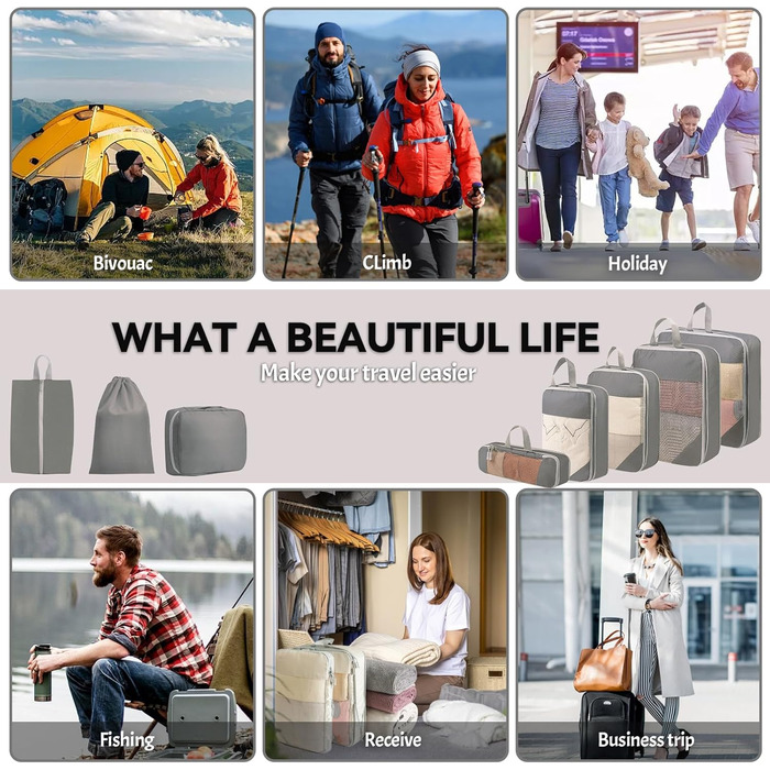 Набір органайзерів для валізи 8 шт., компресійні пакети для подорожей, сірий колір