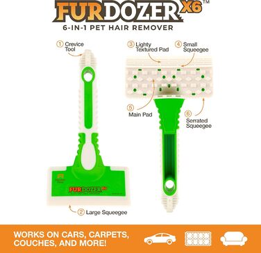 FurDozer X6 – видалення шерсті з поверхонь: собака, кіт, авто. 6-в-1 пристрій для видалення шерсті, ворсу та пилу. Ідеально для дому, автомобіля та інших поверхонь.