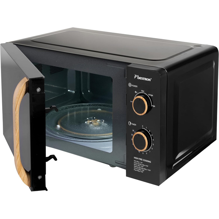 Мікрохвильова піч Bestron 700 Вт з панеллю керування та таймером на 30 хв, поворотний стіл 24,5 см, колекція Copper, чорний/дерево