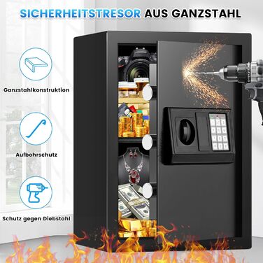 Великий сейф 50л для дому: вогнестійкий, водонепроникний, з ключем та кодовим замком. Сейф для ювелірних виробів, документів, грошей. Вбудована сигналізація, настінний сейф.