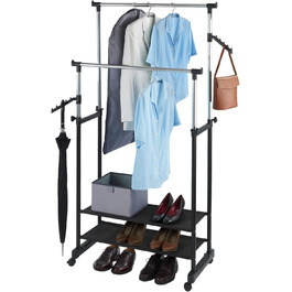 WENKO Clothes Rack Folding, Clothes Storage with Adjustable Clothes Rail and Wheels, Plastic/Metal, 88 x 100-168 x 11-49 cm, Chrome/Grey (169 x 43 x 89.5 cm)