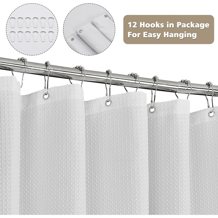 Штора для душу текстильна водонепроникна поліестер 180x200 см, біла з кільцями