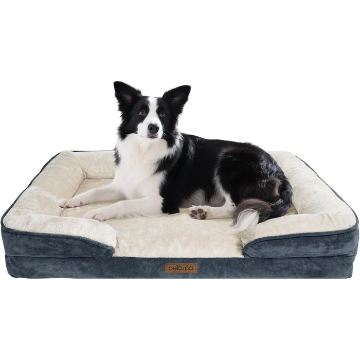 Ортопедичне ліжко для собак BELLA & PAL, 71x59 см. Зручне ліжко-софа для маленьких та середніх собак. Без монтажу, піна з ефектом пам'яті, водовідштовхувальний вкладиш, фланелевий знімний чохол, неслизьке дно. (Д 91.5 x Ш 68.5 x В 16.5, сірий)