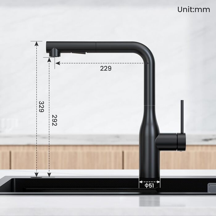 Кухонний змішувач CECIPA висувний, чорний, 360° поворот, міцний, без витоків, легка установка, з витяжною насадкою, матовий чорний