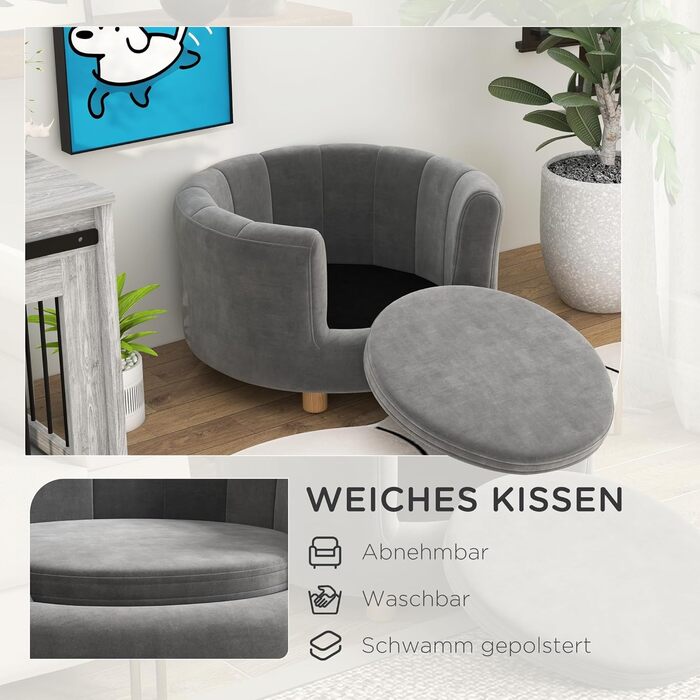 Диван для собак PawHut, сірий, знімний чохол, для маленьких собак до 4,5 кг, з підлокітниками та дерев'яними ніжками