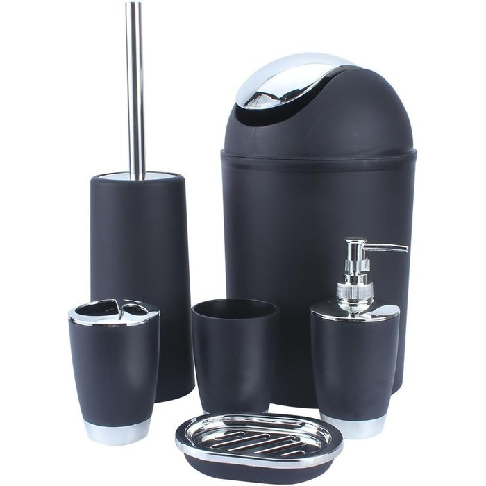6-Piece Bathroom Set with Bin Soap Dish Dispenser Tumbler Toothbrush Holder, Plastic (black) Bathroom Set Beige