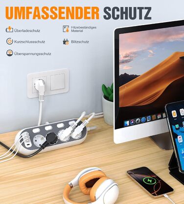 Мережевий фільтр з USB, індивідуальне вмикання розеток, 4 розетки, 2 USB-C, 8 в 1 з вимикачем, адаптер з кабелем 1,5м для кухні, дому, офісу