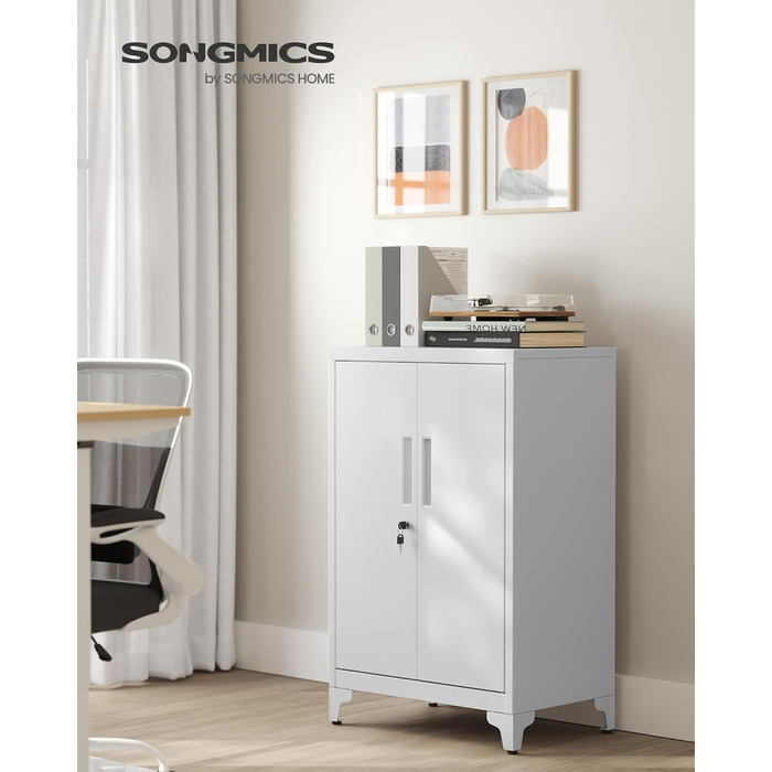 SONGMICS File Cabinet, Multi-Purpose Cabinet, Office Cabinet with 2 Doors, Lockable Cabinet, Steel Storage Cabinet, for Study Room, Living Room, Matte White OMC012W01 (60B cm, Matte Grey)