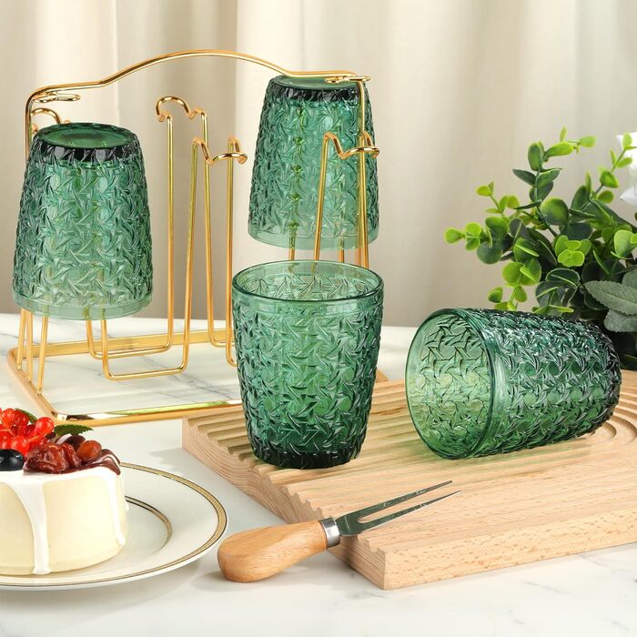 Joeyan 300ml Green Glass Set, 6-Piece, Vintage Colored Drinking Glasses with Embossed Design, Colorful Water Glasses Dishwasher Safe