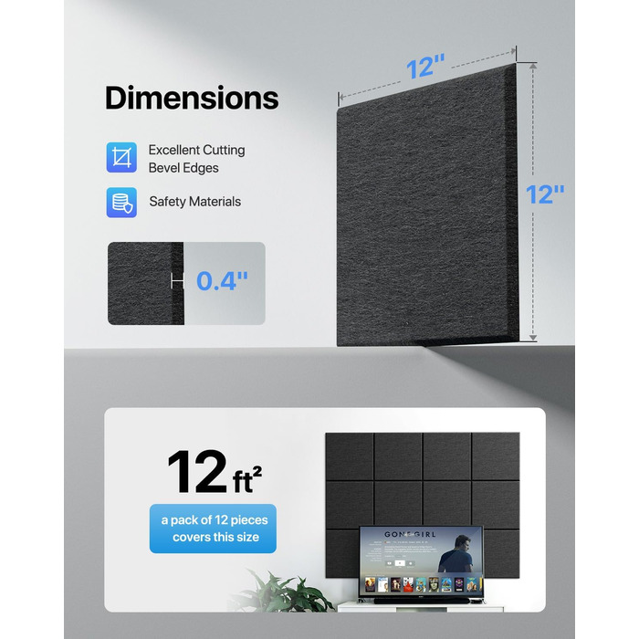 Акустичні панелі для шумоізоляції стін самоклеючі, квадратні звукопоглинаючі плити високої щільності, 30x30x0.9 см, чорні, 12 шт.