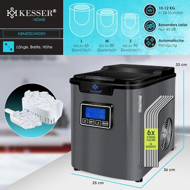 Машина для приготування льоду KESSER® з нержавіючої сталі, 150W, 12 кг/24 год, 3 розміри кубиків, 2.2 л резервуар, таймер, LCD-дисплей, аксесуари, чорний/антрацит