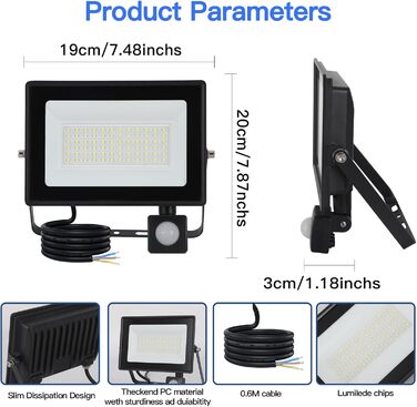 LED Floodlight 50W, Outdoor 5000LM, Spotlight 72 LED IP65 Waterproof, Outdoor Floodlight 6500K Cold White, 230V for Garage, Garden 【2 Pieces Black】 (50wgj 6500k Cold White, Motion Sensor)