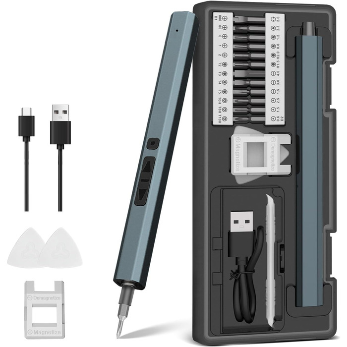 Dinow 30 в 1 Електричний набір викруток, акумуляторний, з LED-підсвічуванням, 2 швидкості, регулювання крутного моменту. Підходить для ремонту ноутбуків, окулярів, годинників, DIY-робіт