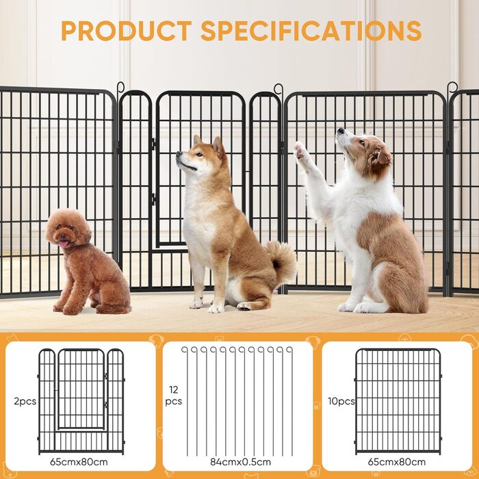 Вольєр для цуценят, ігровий майданчик, вольєр для цуценят з дверцятами та засувом, огорожа для тварин, загородка для собак, вольєр для кроликів, металеві з'єднання, 65 x 80 см (8 секцій)